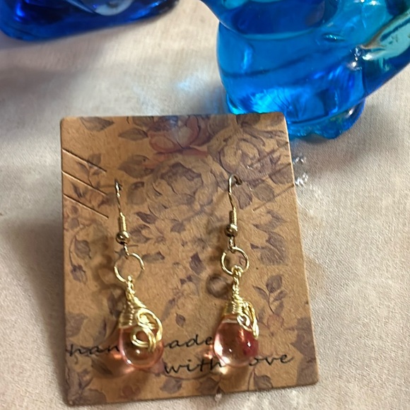 Gold Wire Wrap Coral Teardop Earrings - Picture 1 of 5
